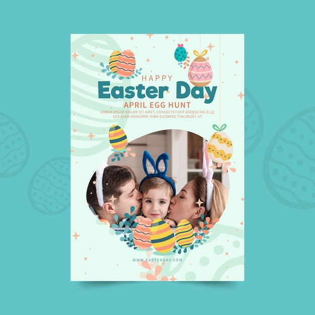 Modello di poster verticale per Pasqua con uova e famiglia