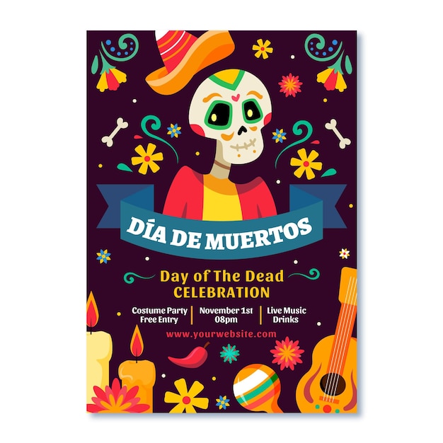 Modello di poster verticale piatto dia de muertos disegnato a mano