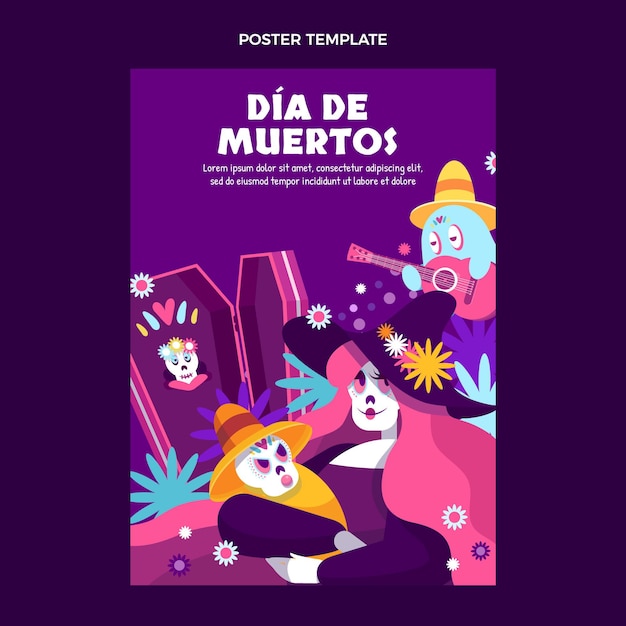 Modello di poster verticale piatto dia de muertos disegnato a mano
