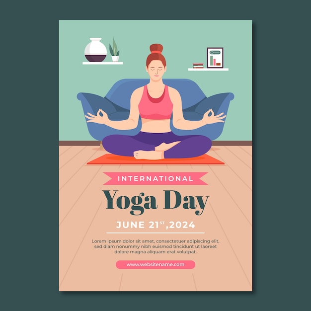 Modello di poster verticale piatto per la Giornata Internazionale dello Yoga