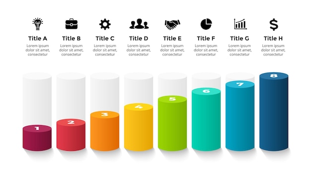Modello di presentazione infografica vettoriale 3D Diagramma prospettico con opzioni a 8 fasi Grafico aziendale di crescita