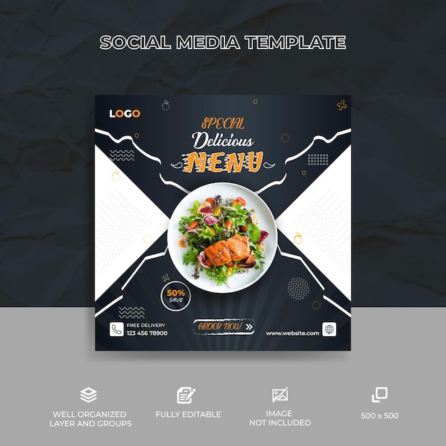 Modello di progettazione banner post social media menu cibo super delizioso