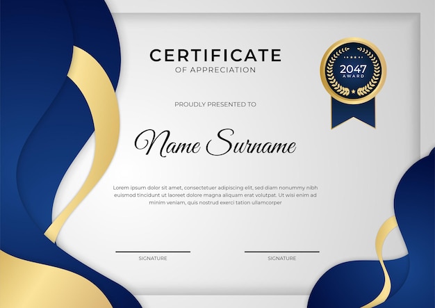 Modello di progettazione certificato blu dorato professionale