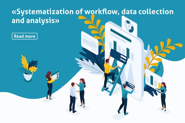 Modello di progettazione del banner dell'articolo, concetto di isometria Sistematizzazione del flusso di lavoro, raccolta e analisi dei dati. Facile da modificare e personalizzare.