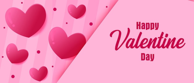 Modello di progettazione del banner di Happy Valentine's Day con sfondo a righe e cuori vettoriali