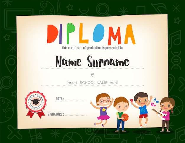 Modello di progettazione del fondo del certificato del diploma dei bambini della scuola