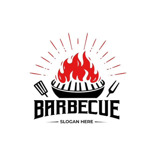 modello di progettazione del logo del barbecue, della fiamma della griglia e della spatola