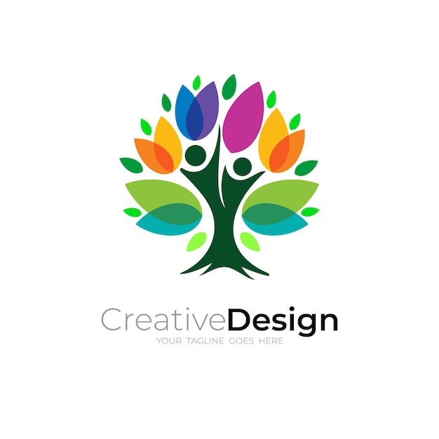 Modello di progettazione del logo di cura dell'albero persone e design della natura