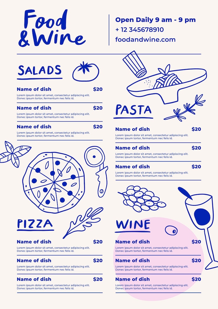 Vettore modello di progettazione del menu del ristorante caffè volantino di cibo e vino