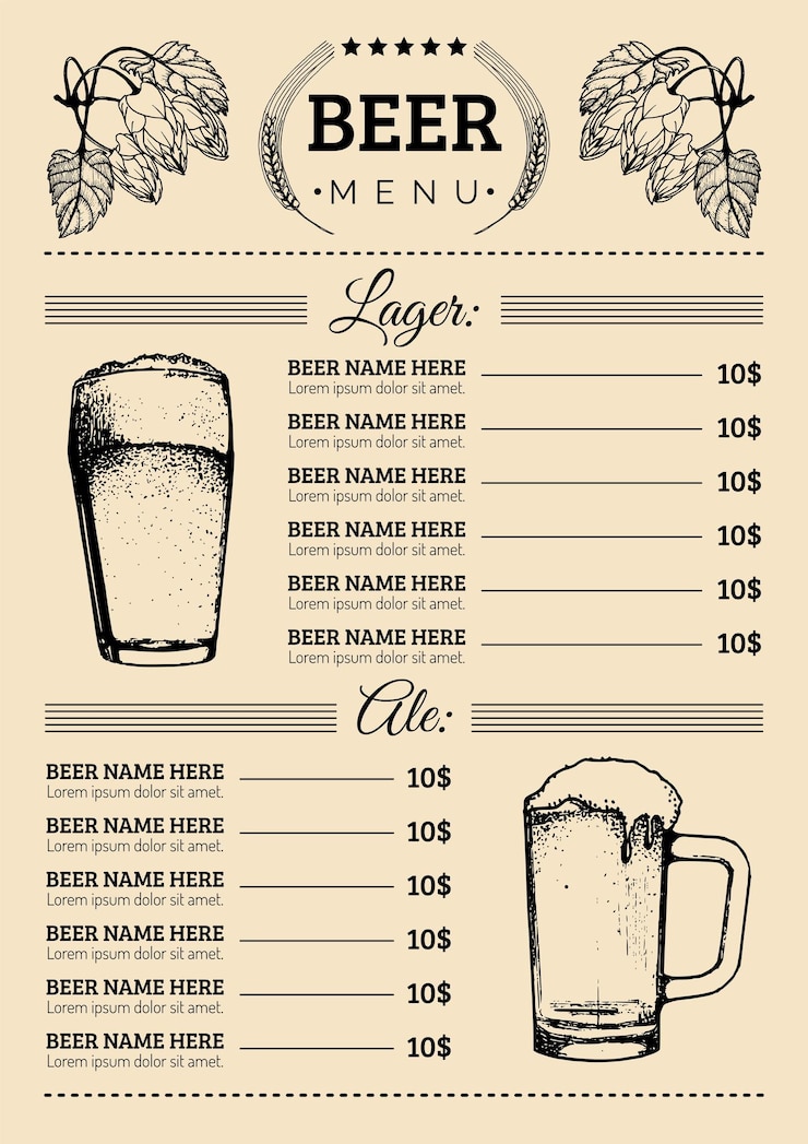 Vettore modello di progettazione del menu della birra scheda del pub o del ristorante della barra vettoriale con illustrazioni di lager ale disegnate a mano icone degli elementi della fabbrica di birra tazza di vetro bottiglia di erbe e piante
