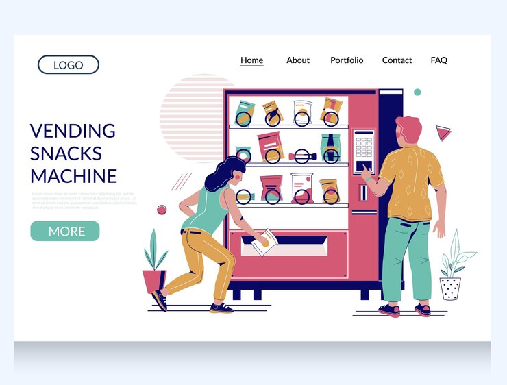 Vettore modello di progettazione della pagina di destinazione del sito web del distributore di snack