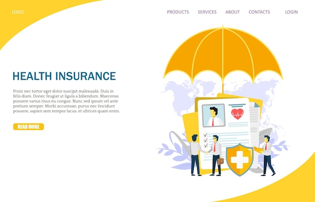 Modello di progettazione della pagina di destinazione del sito Web di vettore di assicurazione sanitaria