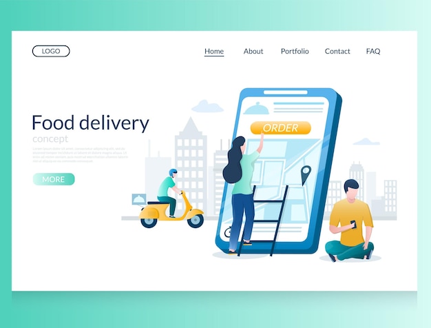 Modello di progettazione della pagina di destinazione del sito Web di vettore di consegna del cibo