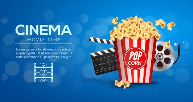 Modello di progettazione di banner di film di film. Concetto di cinema con popcorn, filmina e battaglio di pellicola.