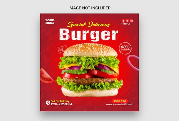 Modello di progettazione di banner per post di Instagram sui social media per la promozione del menu del cibo per hamburger