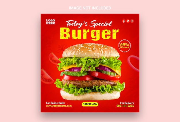 Modello di progettazione di banner per post di Instagram sui social media per la promozione del menu del cibo per hamburger