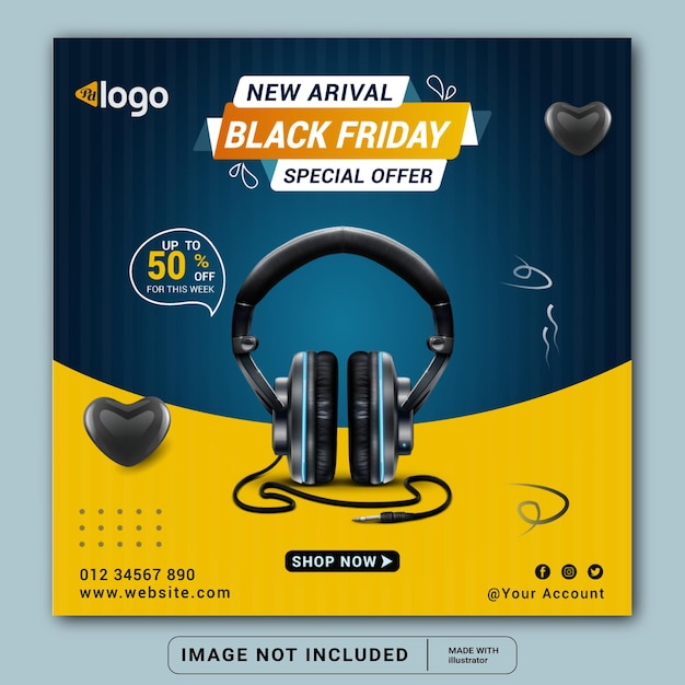 Modello di progettazione di banner per social media prodotto a marchio Black Friday Headphone o volantino quadrato