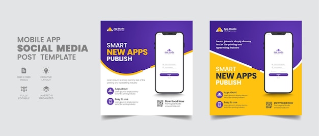 Modello di progettazione di banner web e post Instagram per la promozione di app mobili sui social media