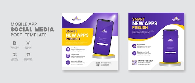 Modello di progettazione di banner web e post Instagram per la promozione di app mobili sui social media