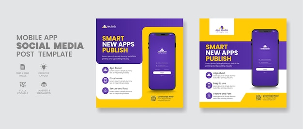 Modello di progettazione di banner web e post Instagram per la promozione di app mobili sui social media