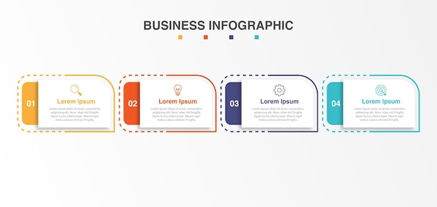 Modello di progettazione di etichette infografiche vettoriali con icone e 4 opzioni o passaggi Può essere utilizzato per presentazioni di diagrammi di processo, layout di workflow, diagramma di flusso di banner, infografo
