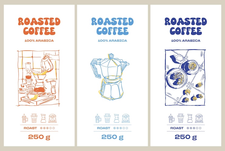 Vettore modello di progettazione di etichette per l'imballaggio del caffè disegnato a mano vettoriale impostato per bar o ristorante