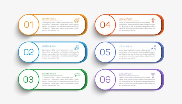 Modello di progettazione di infografica vettoriale aziendale con icone e 6 opzioni o passaggi