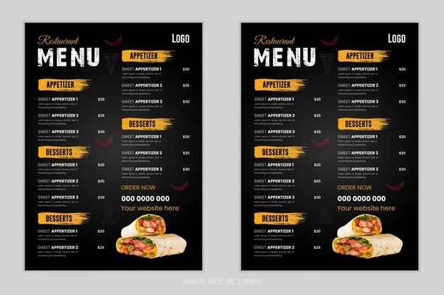 modello di progettazione di schede di menu di ristoranti moderni