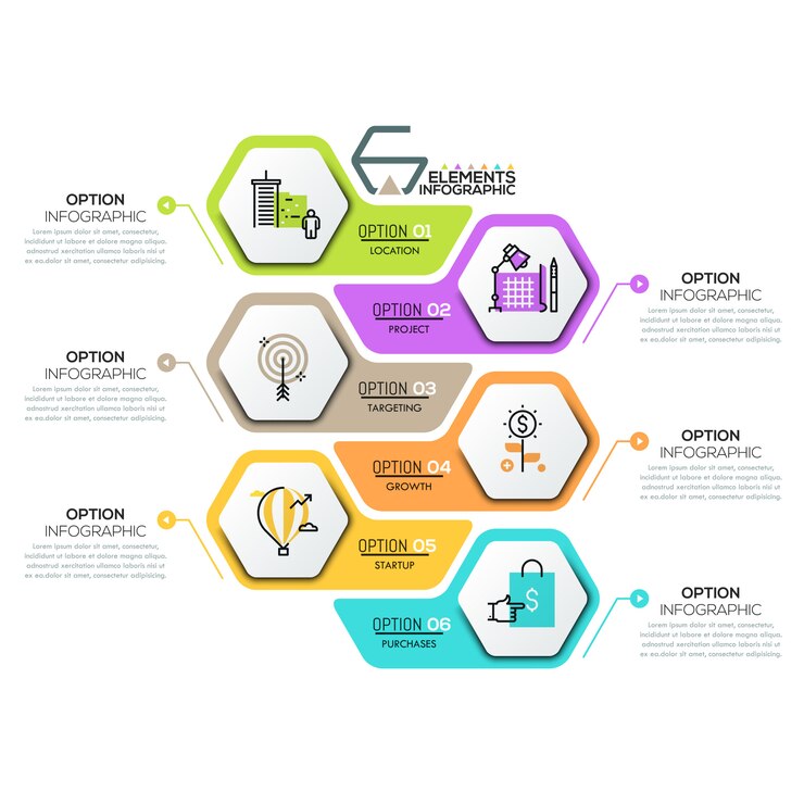 Modello di progettazione infografica creativa con 6 elementi esagonali