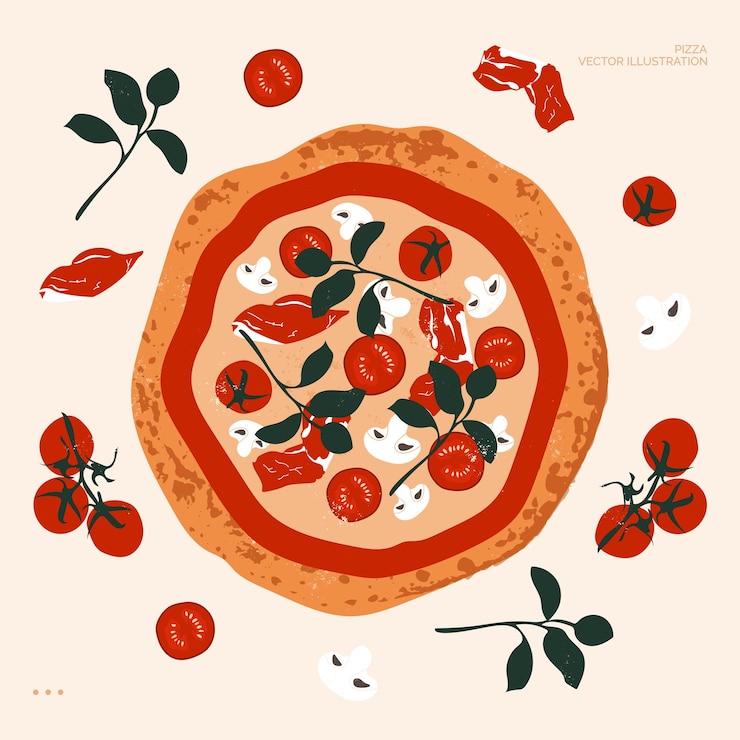 Vettore modello di progettazione pizza italiana. pizza con basilico, prezzemolo, carne, pomodori e funghi.