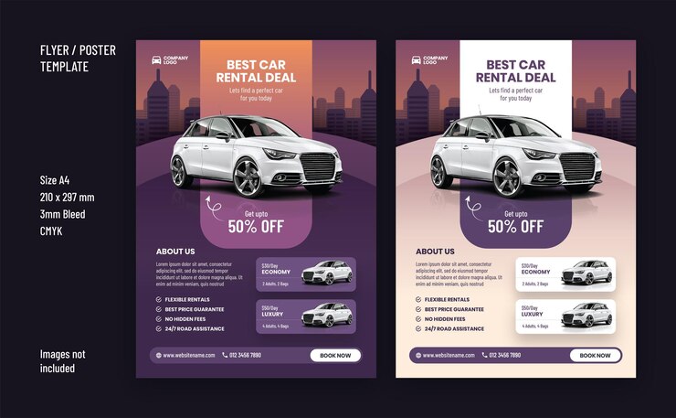 Modello di progettazione pronto per la stampa di volantini a4 vettoriali per il servizio di noleggio auto