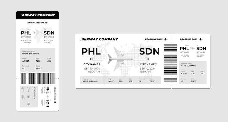 Vettore modello di progetto del biglietto aereo e della carta d'imbarco dell'aereo nome del passeggero e dettagli del volo