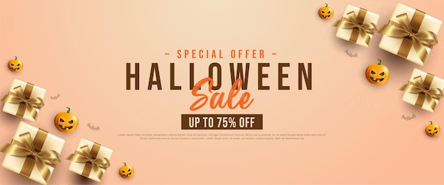 Modello di promozione dell'insegna di vendita felice di Halloween con zucche e scatole regalo. Illustrazione vettoriale vista dall'alto.