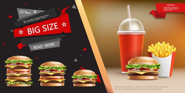 Modello di pubblicità di fast food realistico con patatine fritte di soda e hamburger appetitosi di diverse dimensioni illustrazione