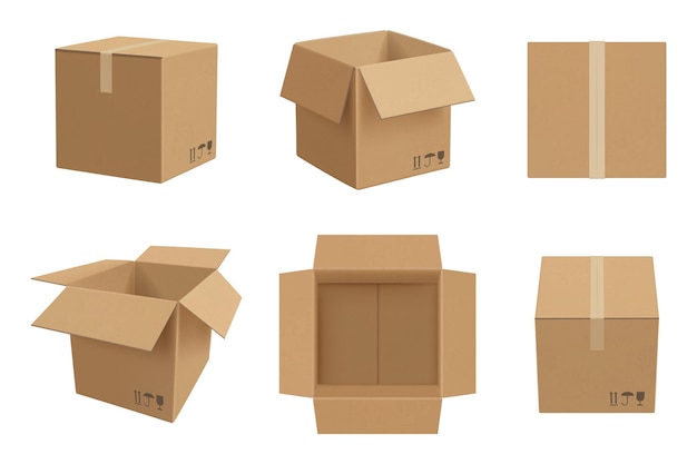Modello di scatola. Modello realistico di vettore del pacchetto di cartone aperto e chiuso. Illustrazione realistica di cartone e confezione vuota