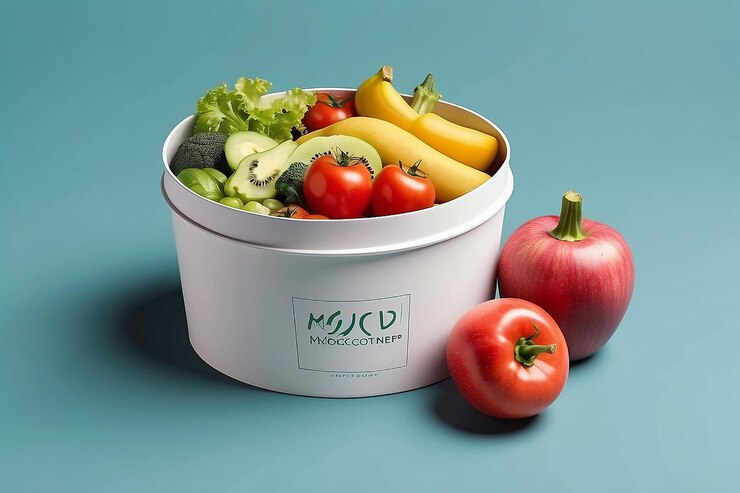 Vettore modello di scatola rotonda di cibo da asporto con verdure e frutta