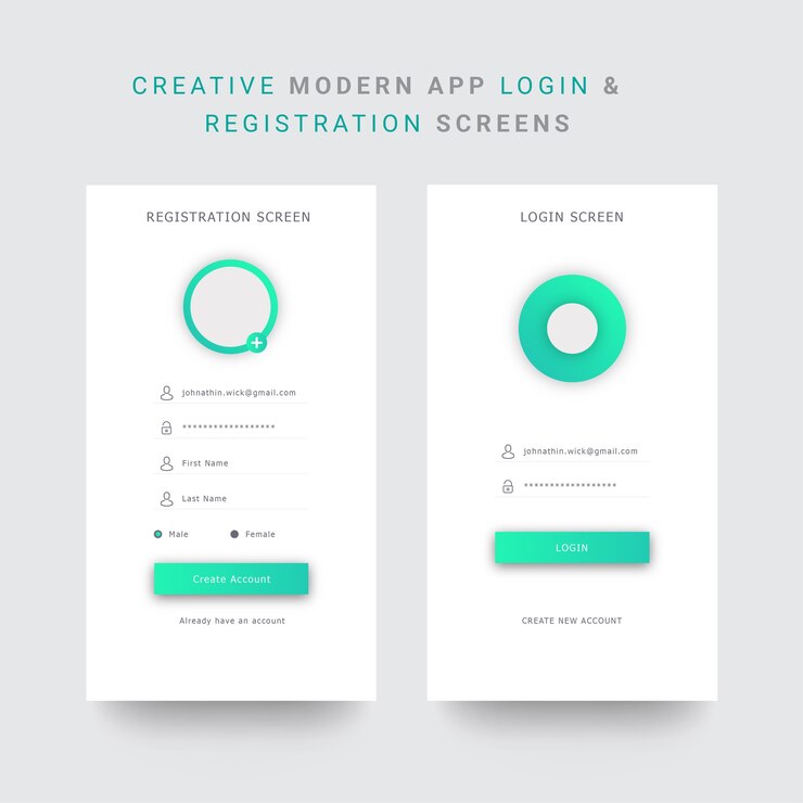 Vettore modello di schermata di login e registrazione dell'app per dispositivi mobili