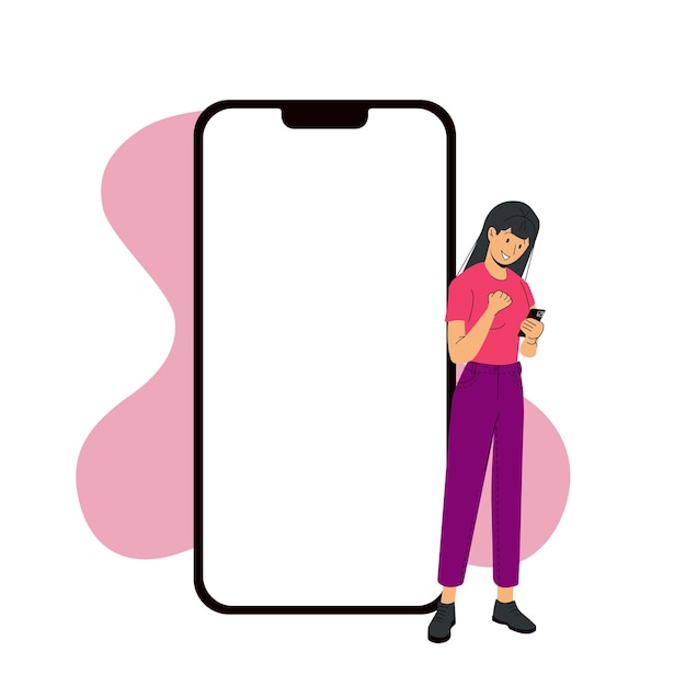 Modello di schermo Iphone 14 pro accanto a una donna gioiosa Vettore moderno