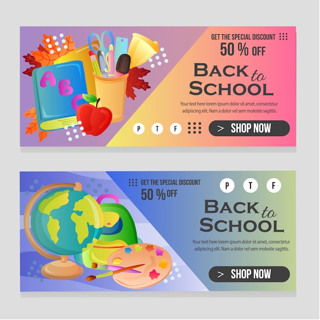 Modello di scuola banner Web con materiale scolastico