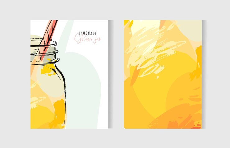Vettore modello di set di carte da cucina insolite testurizzate a mano libera astratta di vettore disegnato a mano con vaso di vetro di limonata nei colori gialli isolati su priorità bassa bianca