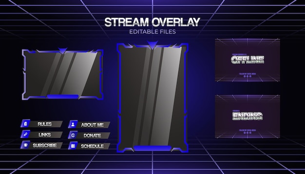 Modello di set di stream di sovrapposizione blu vettoriale per streamer di gioco