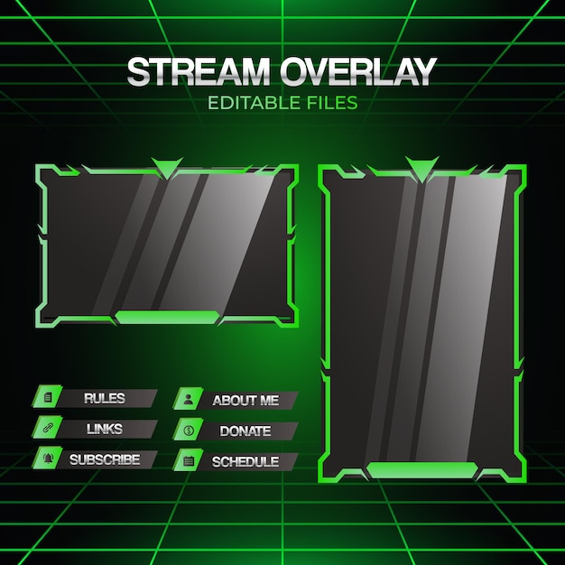 Modello di set di stream di sovrapposizione verde vettoriale moderno per il streamer di gioco