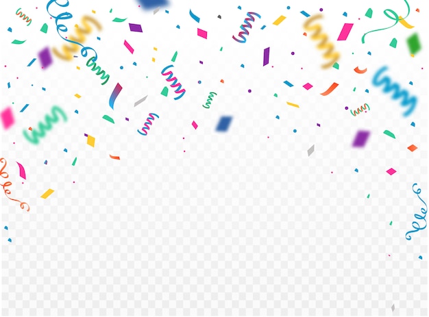 Modello di sfondo di celebrazione con konfetti e nastri colorati. illustrazione