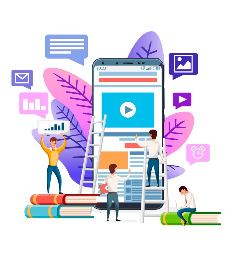 Vettore modello di sito web astratto. moderno. persone che navigano in internet su smartphone. illustrazione su sfondo bianco. app mobile, concetto di banner