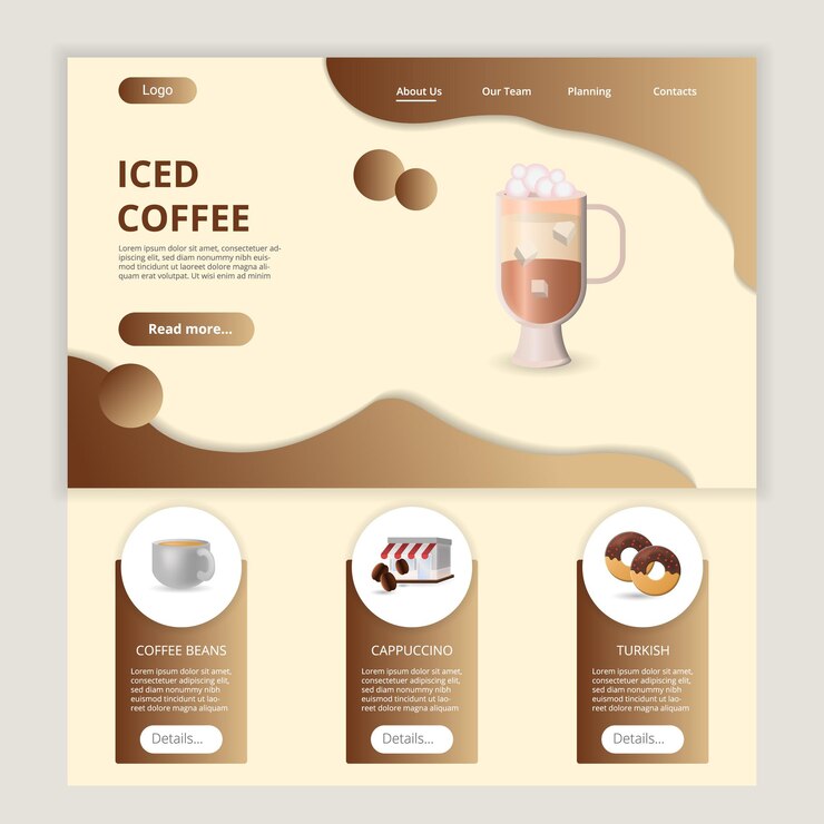 Vettore modello di sito web della pagina di destinazione piatta del caffè ghiacciato banner web di ciambella cappuccino con chicchi di caffè con intestazione