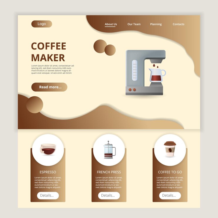 Vettore modello di sito web della pagina di destinazione piatta della caffettiera caffè espresso francese per andare con banner web