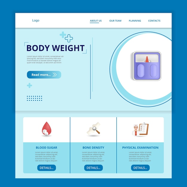 Modello di sito web della pagina di destinazione piatta per peso corporeo, zucchero nel sangue
