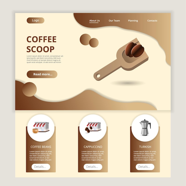 Vettore modello di sito web per pagina di destinazione piatta per caffè, chicchi di caffè, cappuccino, moka, banner web con