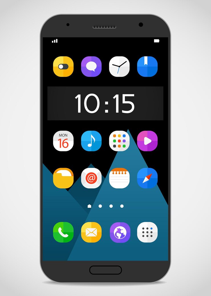 Vettore modello di smartphone moderno con icone di colore diverso. elementi di design piatto vettoriale