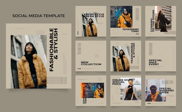 modello di social media banner blog promozione di vendita di moda completamente modificabile instagram e facebook post quadrato cornice puzzle poster di vendita organica elemento marrone fresco sfondo vettoriale di forma